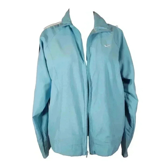 Vintage Nike Swoosh Windbreaker Blue Jacket Medium Track Warm Up Arm Stripes 90s - Picture 2 of 11